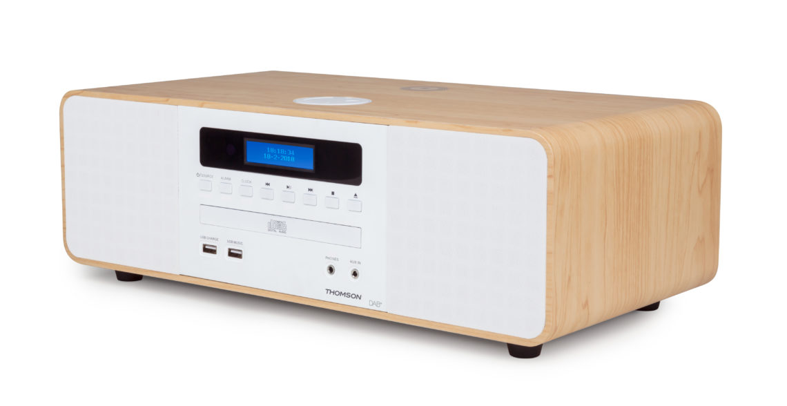 Thomson MIC201IBT - Micro chaîne HIFI Bluetooth (lecteur CD, radio, MP3,  USB), chargeur induction, couleurs bois et blanc.